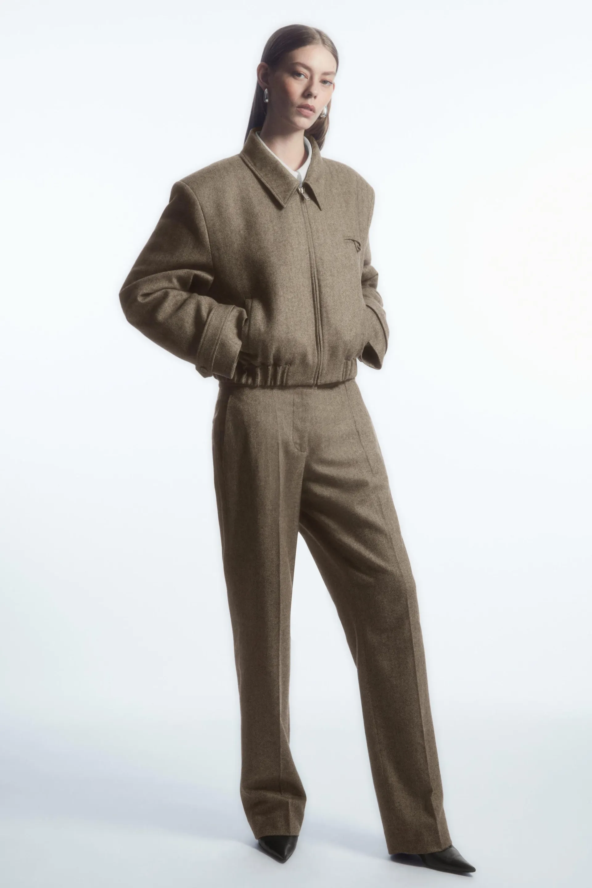 STRAIGHT-LEG WOOL-HERRINGBONE PANTS