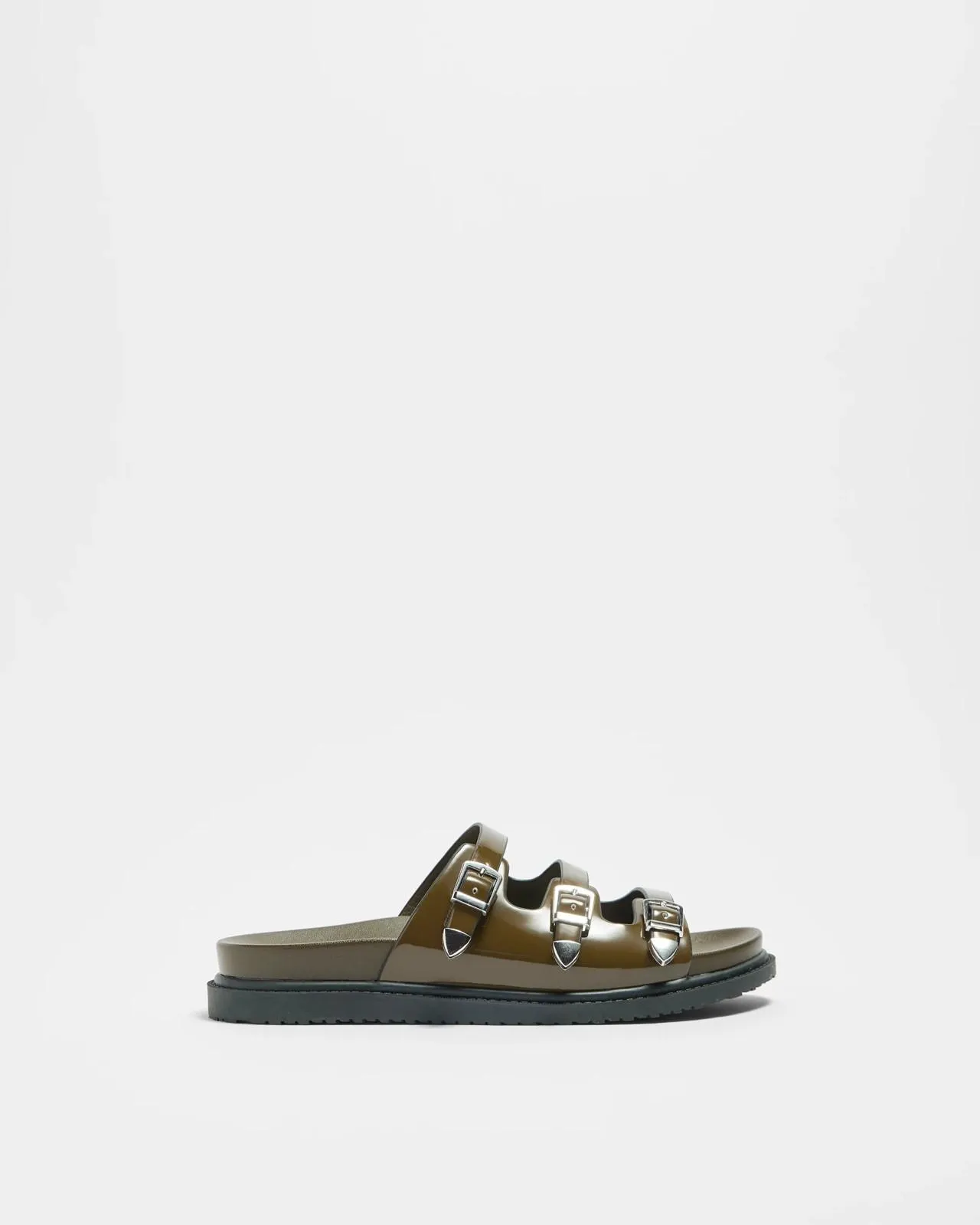 Womens Triple Strap Flat Sandal - Cyprus - Brown Khaki Patent