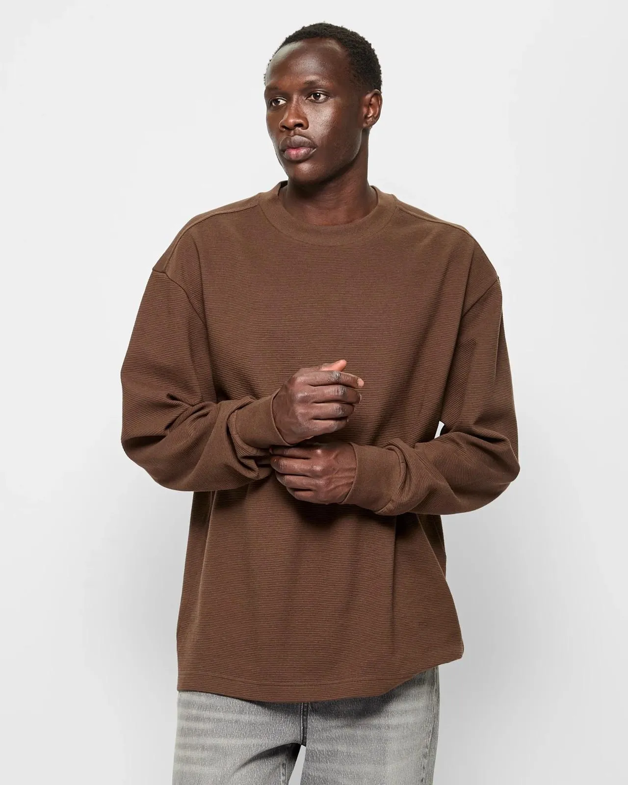 Australian Cotton Textured Long Sleeve T-Shirt - Commons - Chocolate
