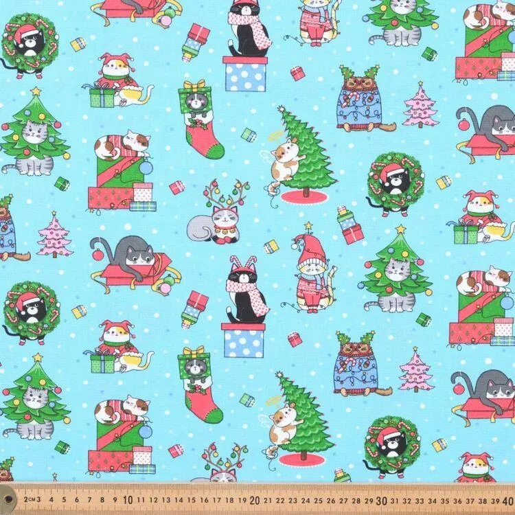 Crazy Christmas Cats 112 cm Cotton Fabric Blue 112 cm