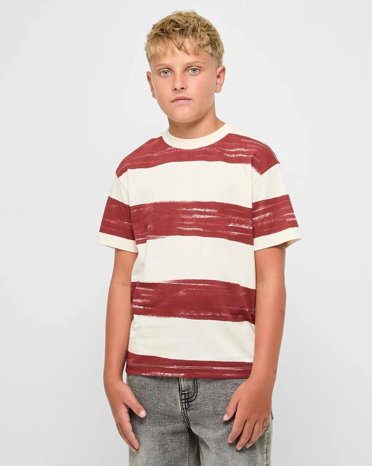 Australian Cotton Loose Fit Print T-shirt - Burgundy Stripe