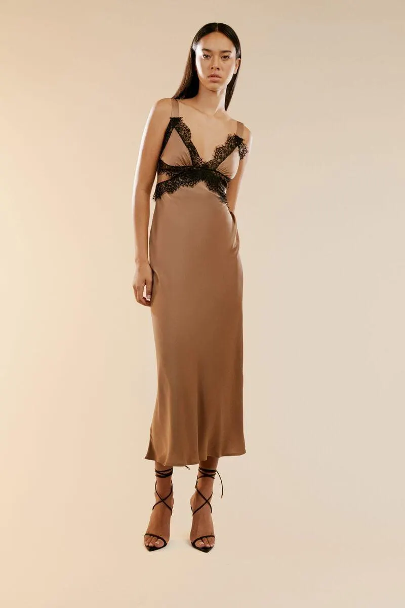 delta satin midi dress in bronze