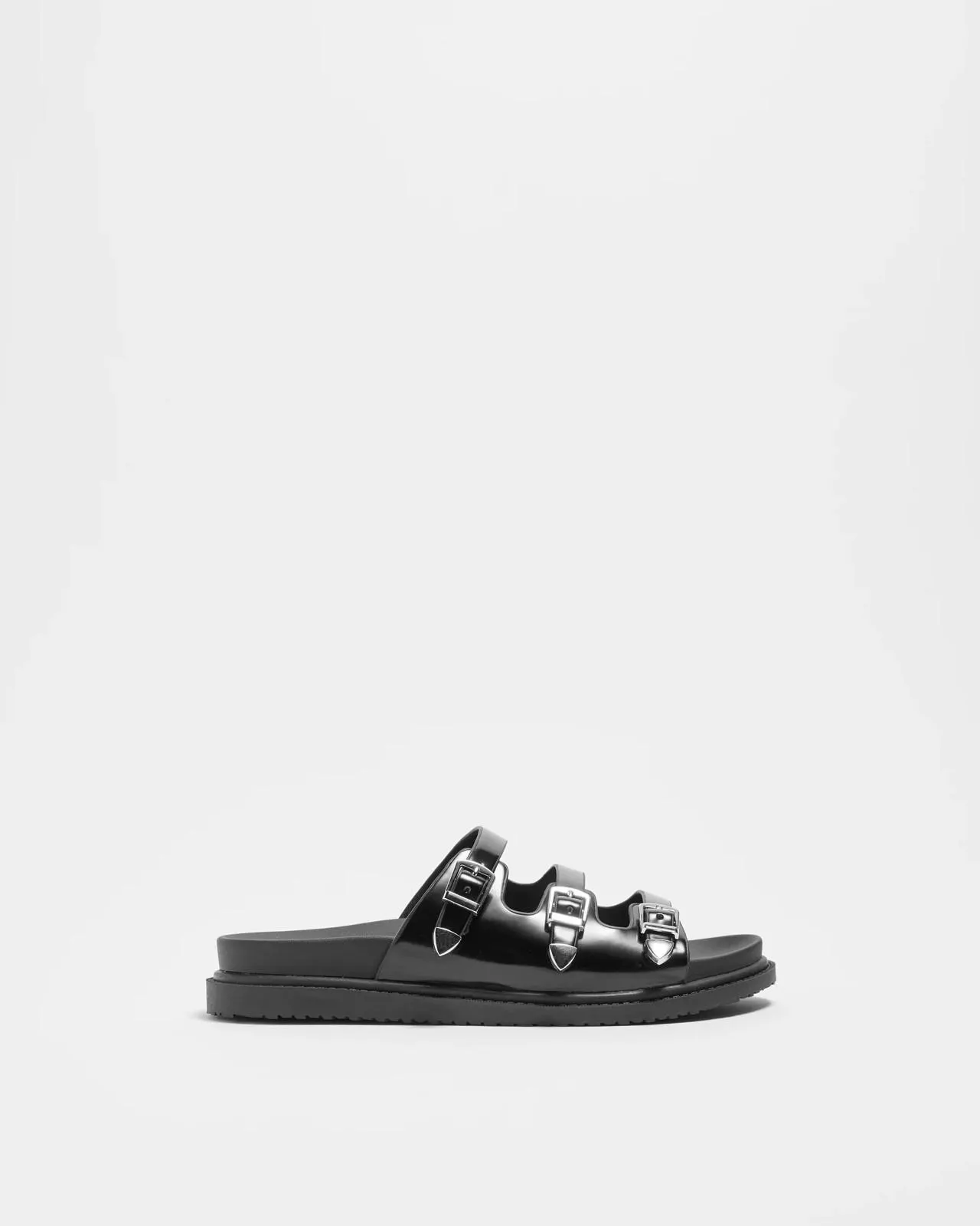 Womens Triple Strap Flat Sandal - Cyprus - Black Patent