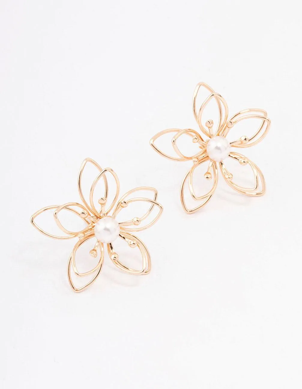 Gold Wire Pearl Flower Stud Earrings