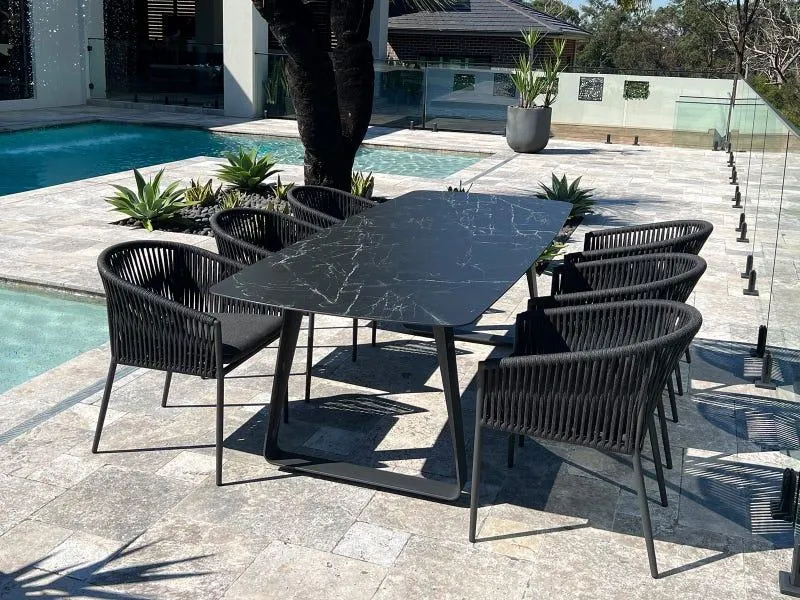 Elko Ceramic Dining Table with Gizella Rope Chairs 7pc Outdoor Dining Setting