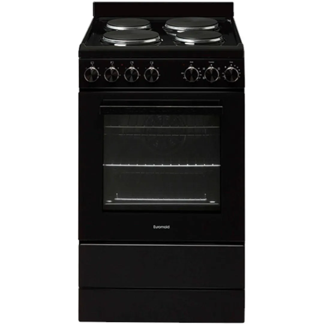 Euromaid 54cm Freestanding Electric Oven With Solid Cooktop in Black
