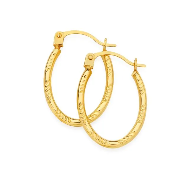 9ct Gold 10mm Diamond-Cut Striped Oval Hoop Earrings