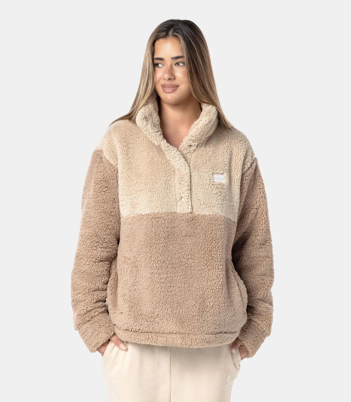Piping Hot Teddy Fleece Popover Jacket - Light Brown
