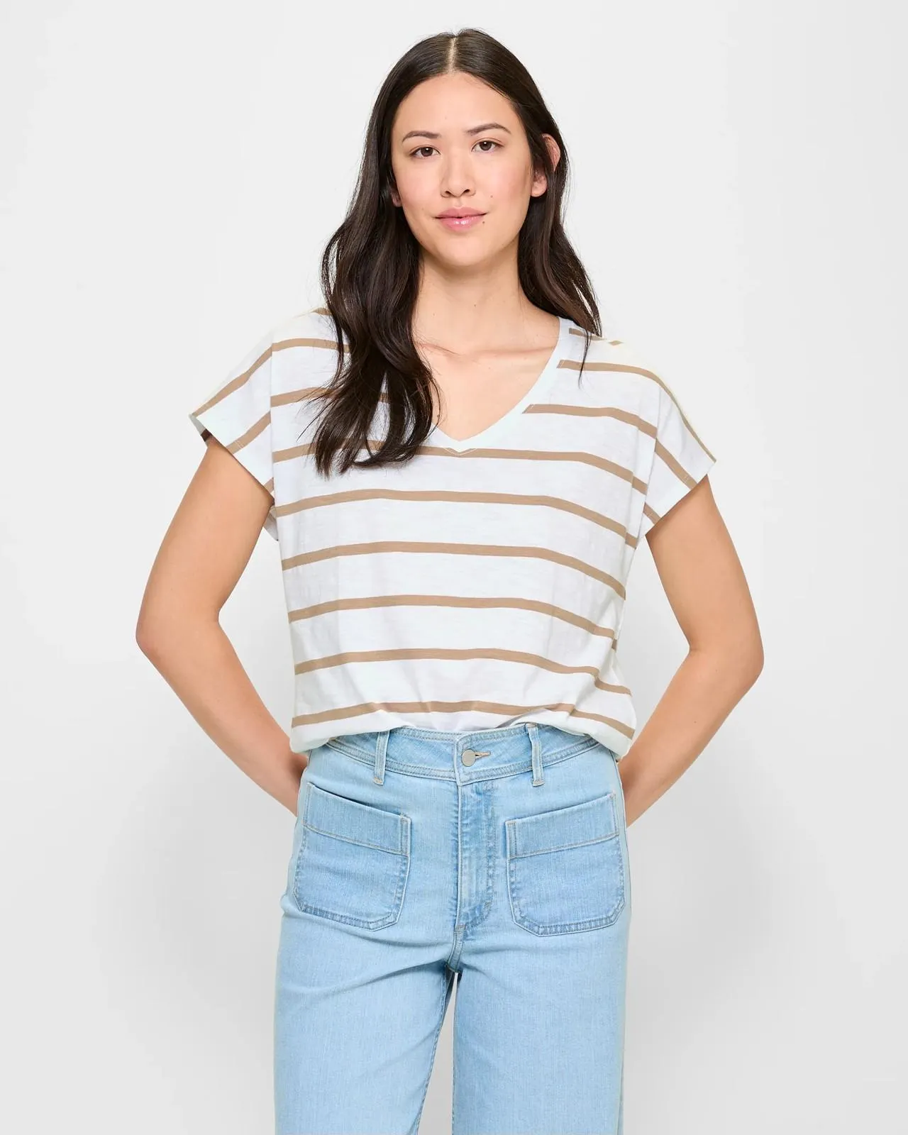 Australian Cotton V-Neck Slub T-Shirt - White/Latte Stripe