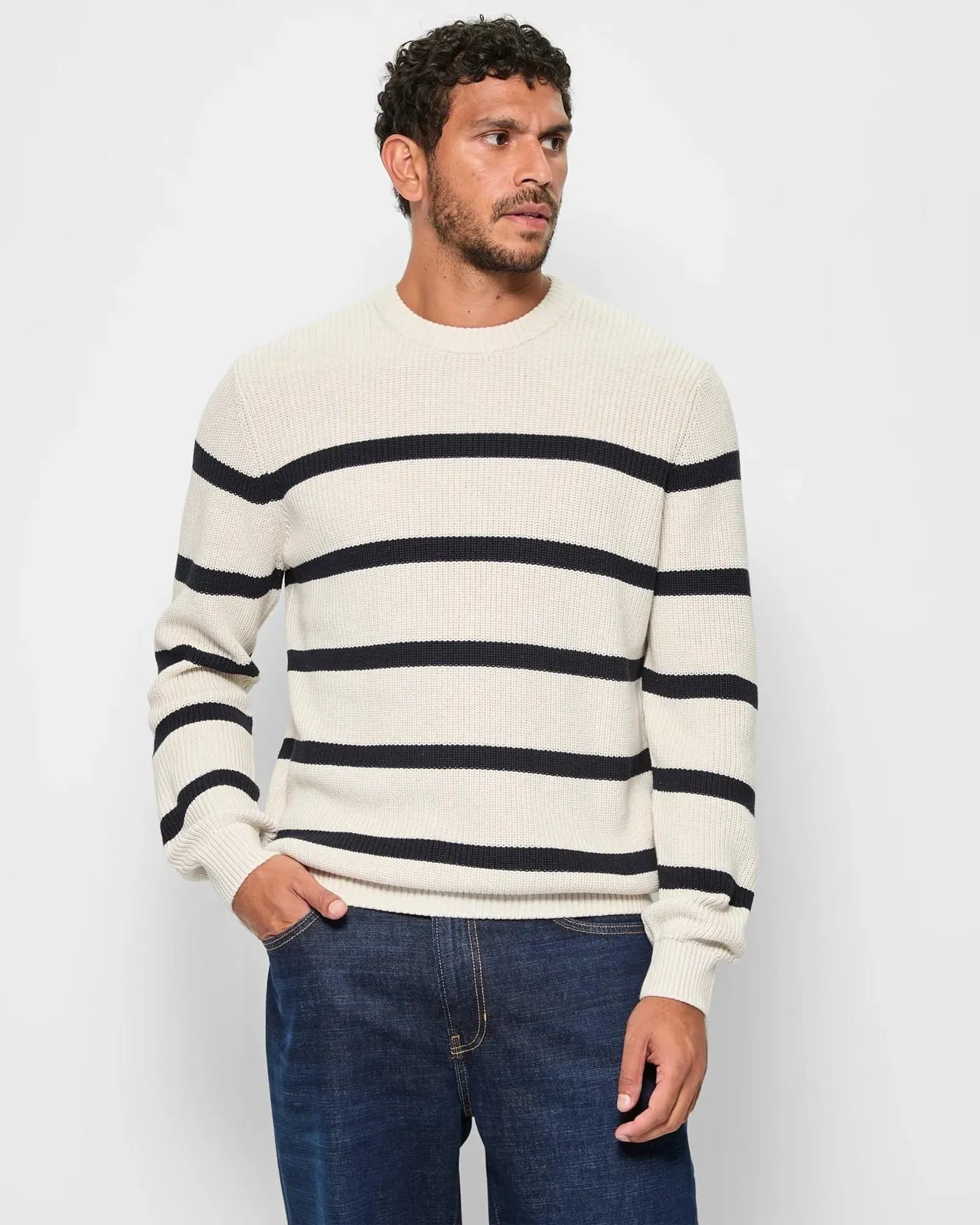 Australian Cotton Knit Fisherman Jumper - Ecru/Black Stripe