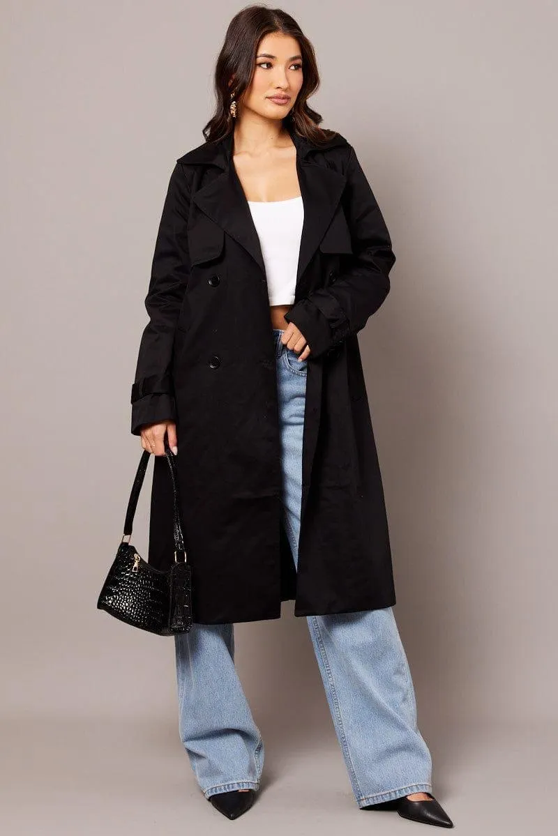 Black Trench Coat Long Sleeves Cotton