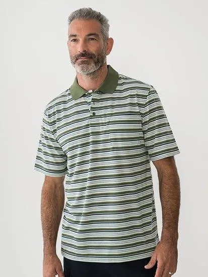 Lowes Short Sleeve Yarn Dyed Multi Stripe Polo Green Khaki Navy