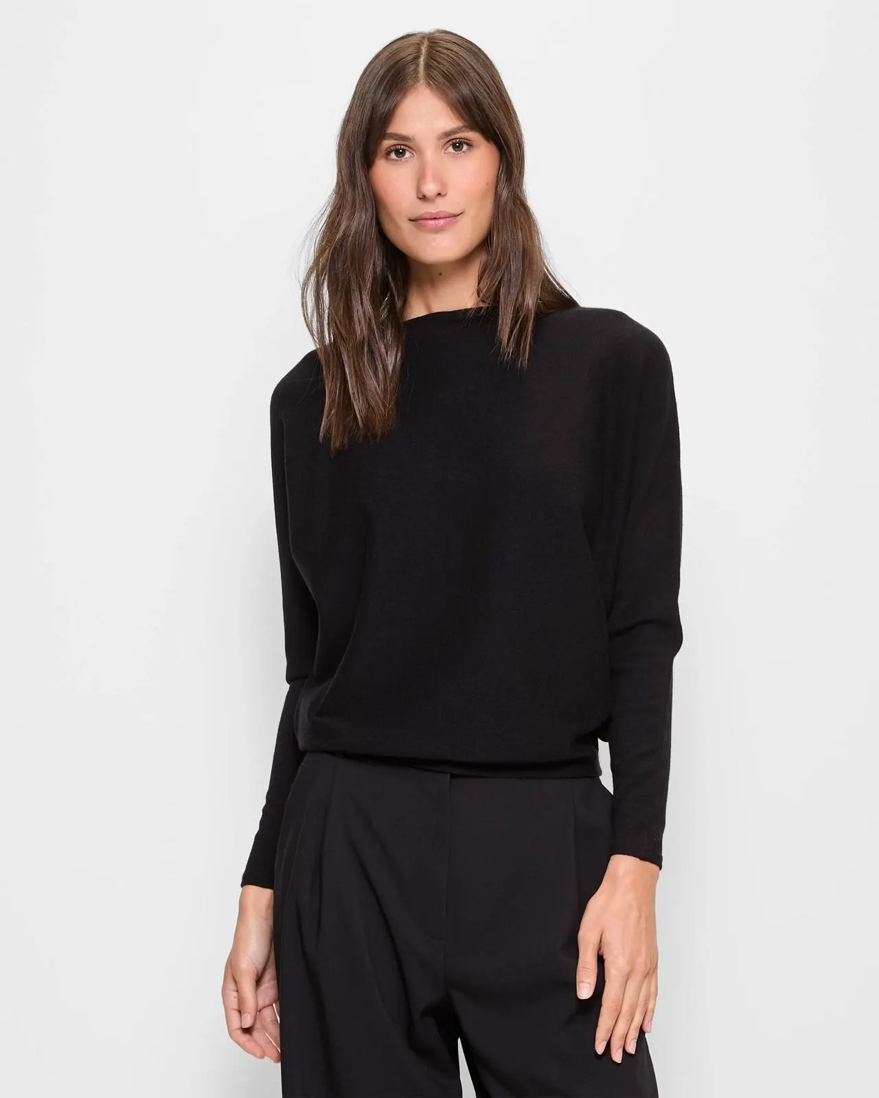 Long Sleeve Dolman Boat Neck Knit Jumper - Preview - Black