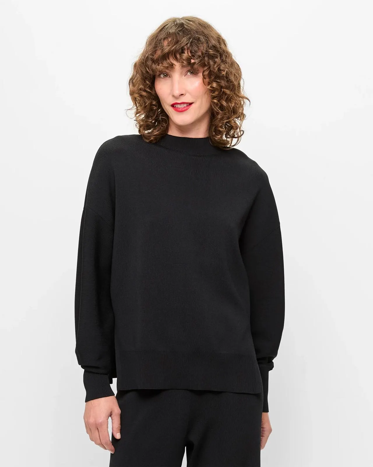 Long Sleeve Mock Neck Crepe Knit Jumper - Preview - Black