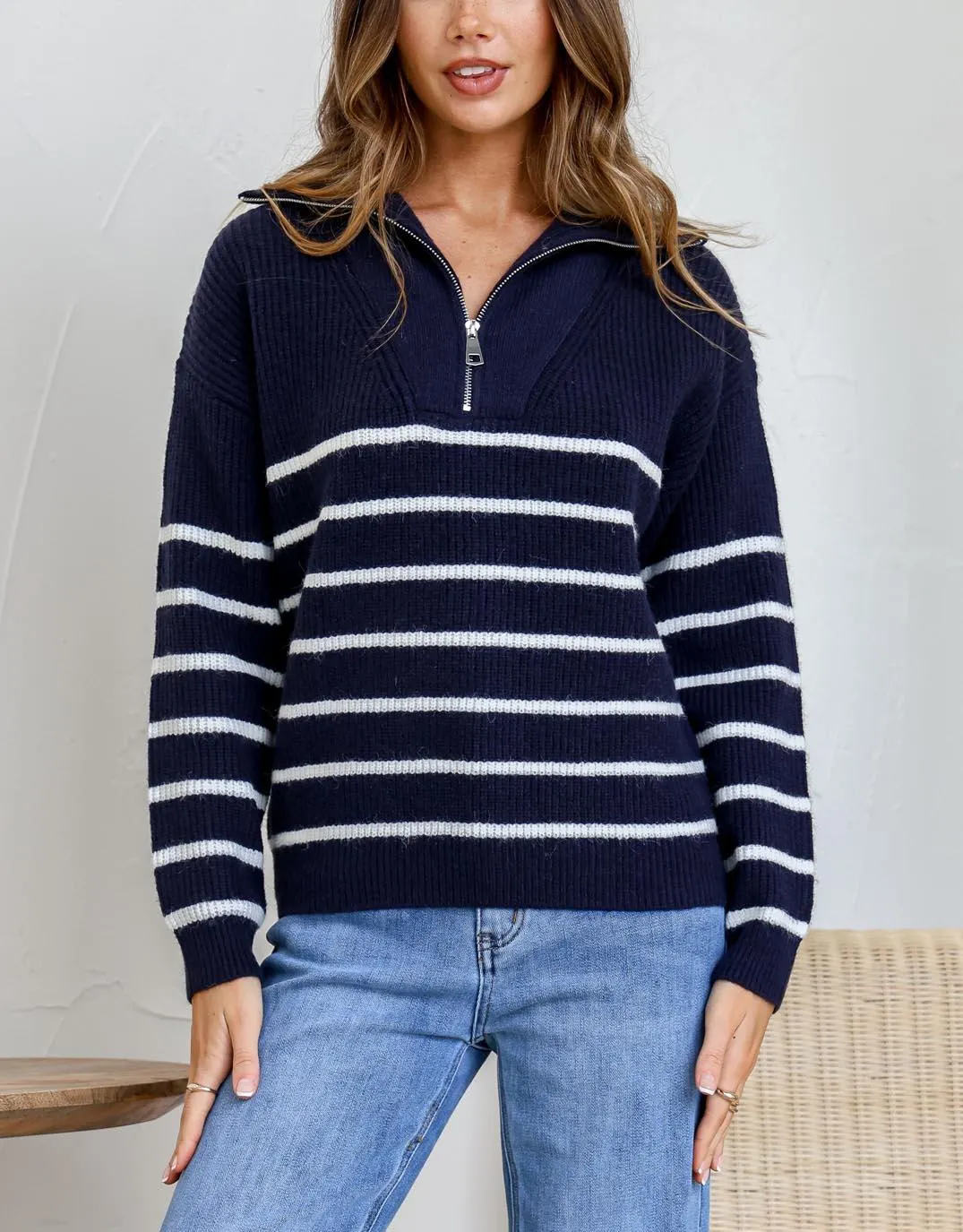 Striped Half Zip Knit - Navy/White