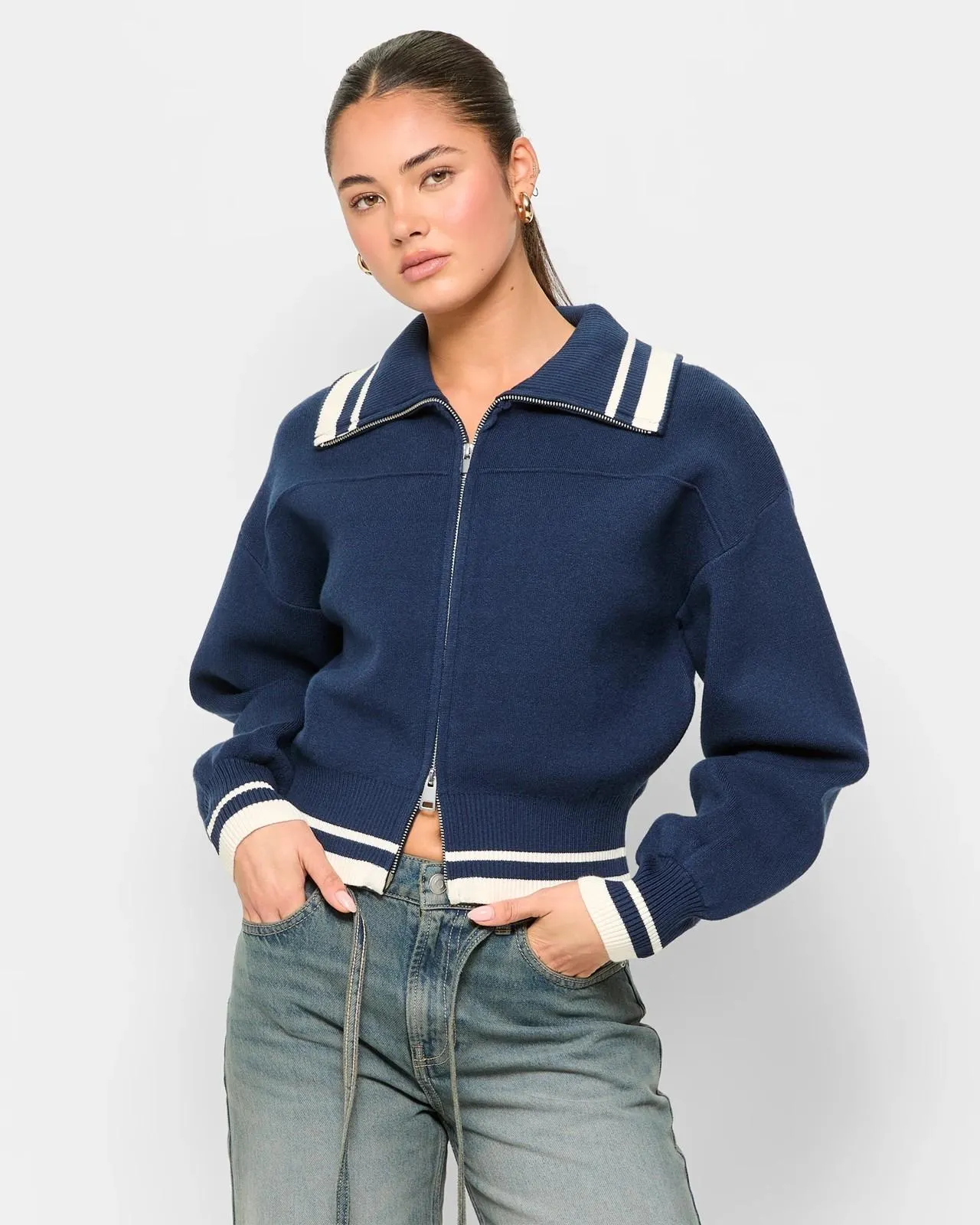 Stripe Detail Zip Through Cardigan - Lily Loves - Shadow Blue