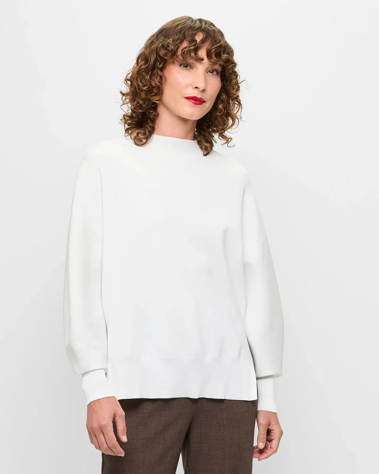 Long Sleeve Mock Neck Crepe Knit Jumper - Preview - Cloud Dancer