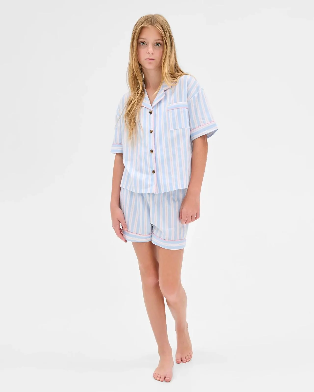 Australian Cotton Older Girls Short Pyjama Set - Blue Stripe