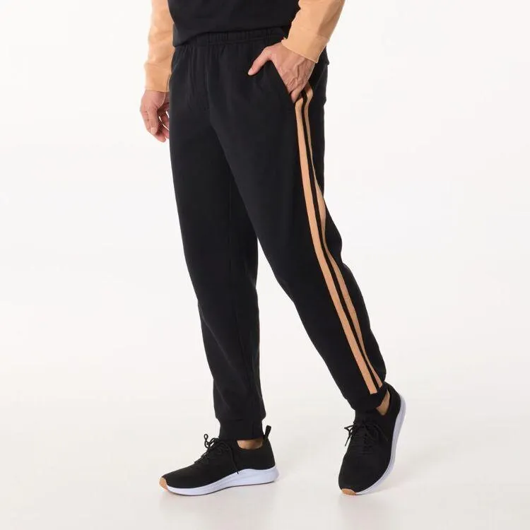 JC Lanyon Essentials Men's Hardy Straight Leg Track Pants with Stripe & Cuff Black & Tan