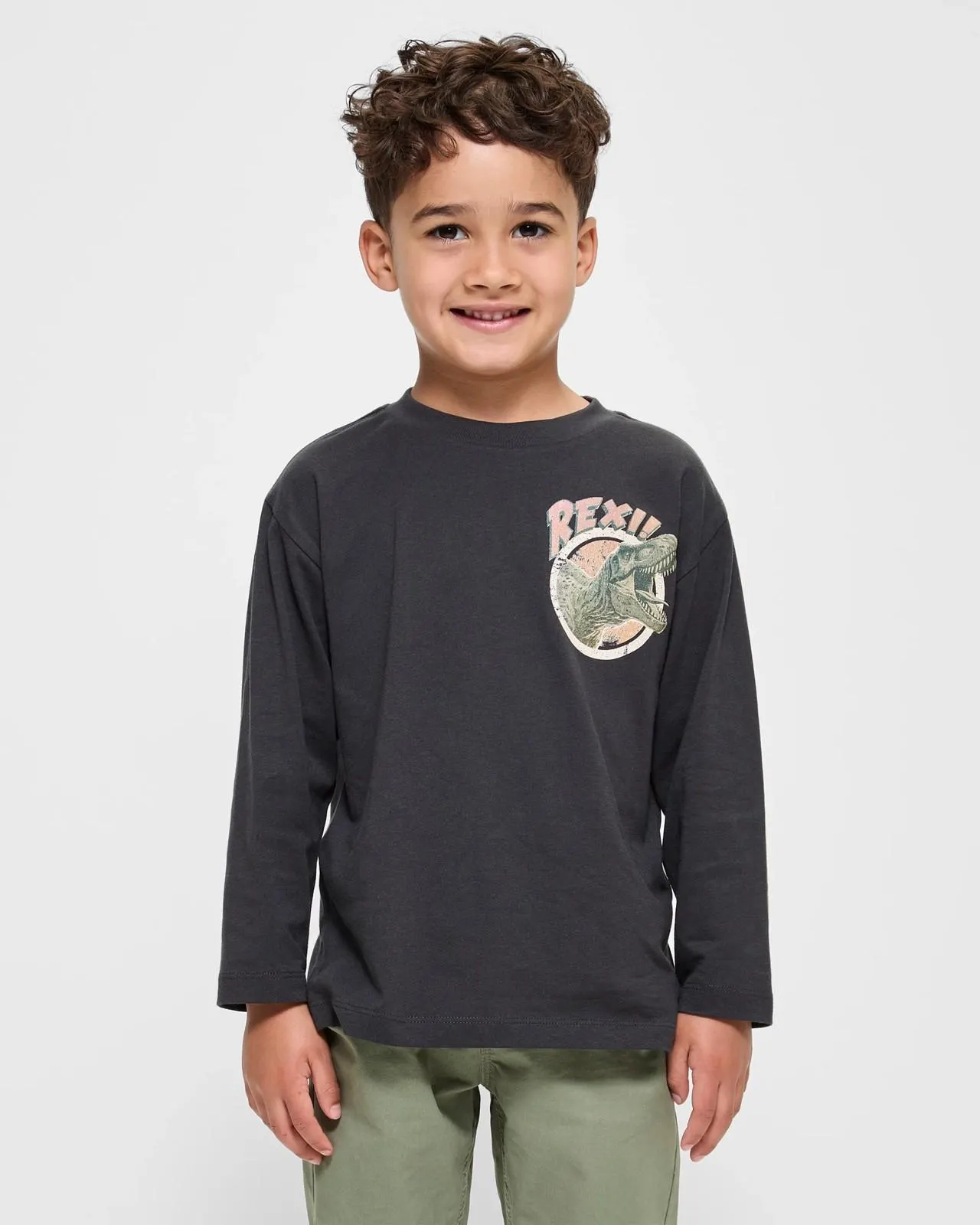 Australian Cotton Long Sleeve Print Top - Charcoal T-Rex