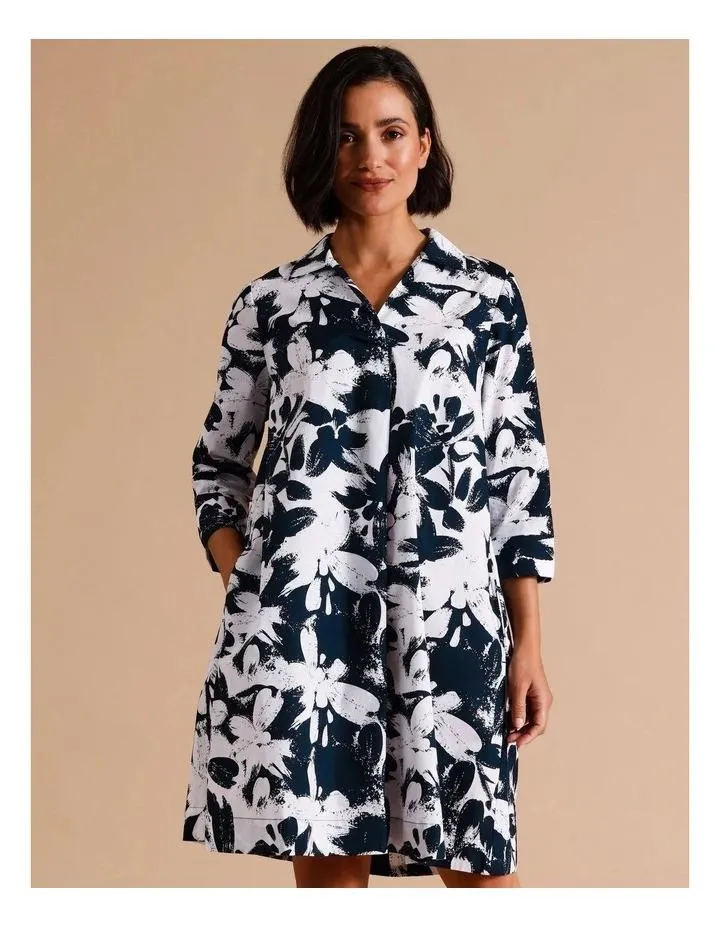 Organic Cotton 3/4 Sleeve Trapeze Dress In Navy/White Floral Print