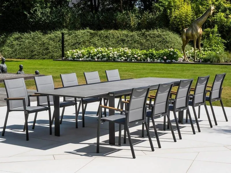 Mona Ceramic Extension Table with Sevilla Teak Arm Chairs -11pc Outdoor Dining Setting