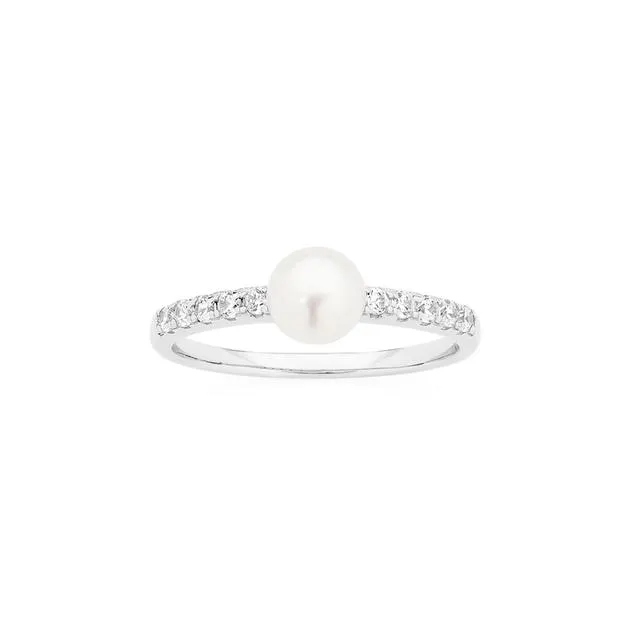 Silver 5.5x6mm Cultured Fresh Water Pearl & CZ Ring