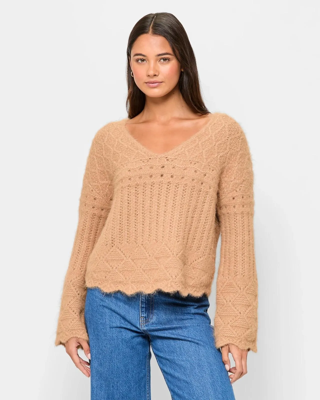 Pointelle V-Neck Jumper - Lily Loves - Burro