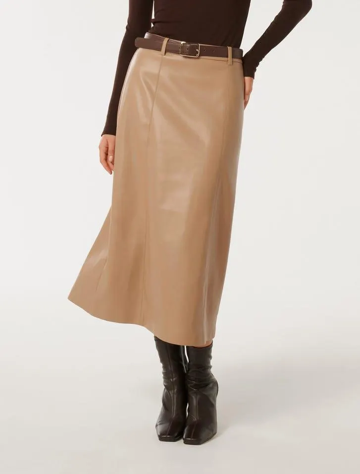Katy Vegan Leather Belted Midi Skirt