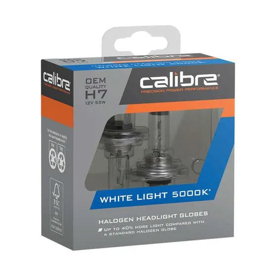 Calibre White Light 5000K Headlight Globes - H7, 12V 55W, CA5000H7