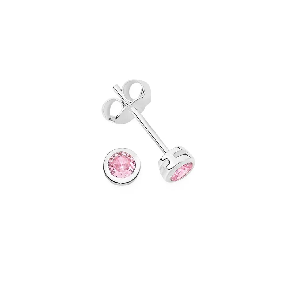Silver 3mm Bezel Pink CZ Studs