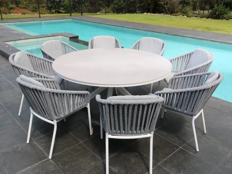 Adele Round Ceramic Table with Melang Chairs 9pc Outdoor Dining Setting