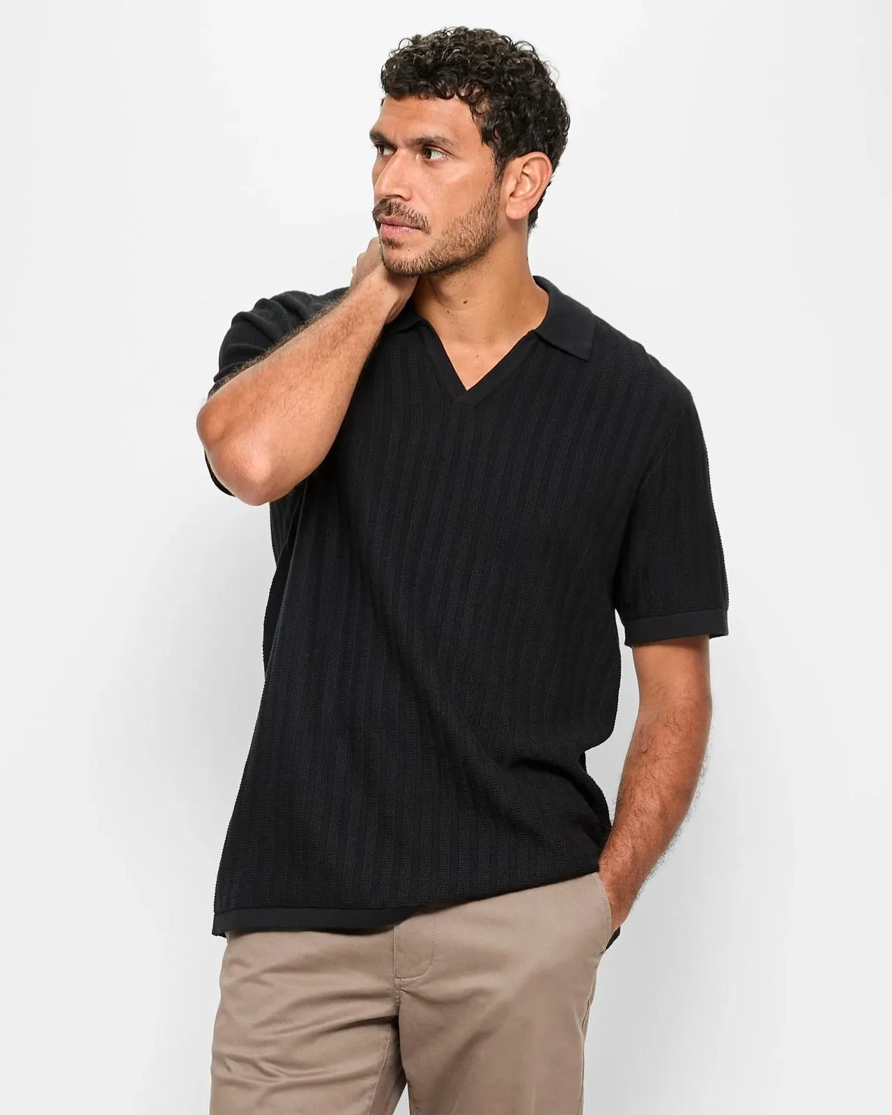 Australian Cotton Knitted Stripe Polo Top - Black