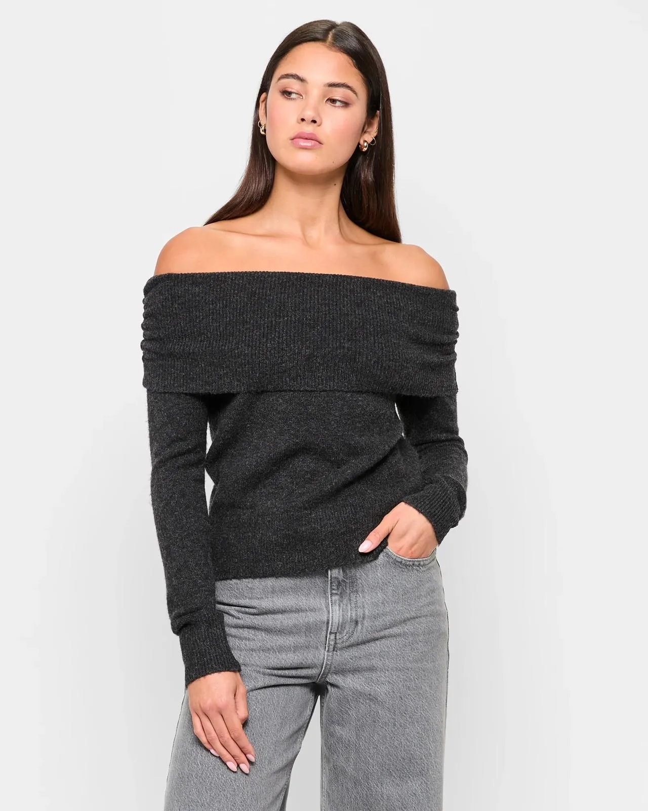 Off The Shoulder Knit Top - Lily Loves - Charcoal