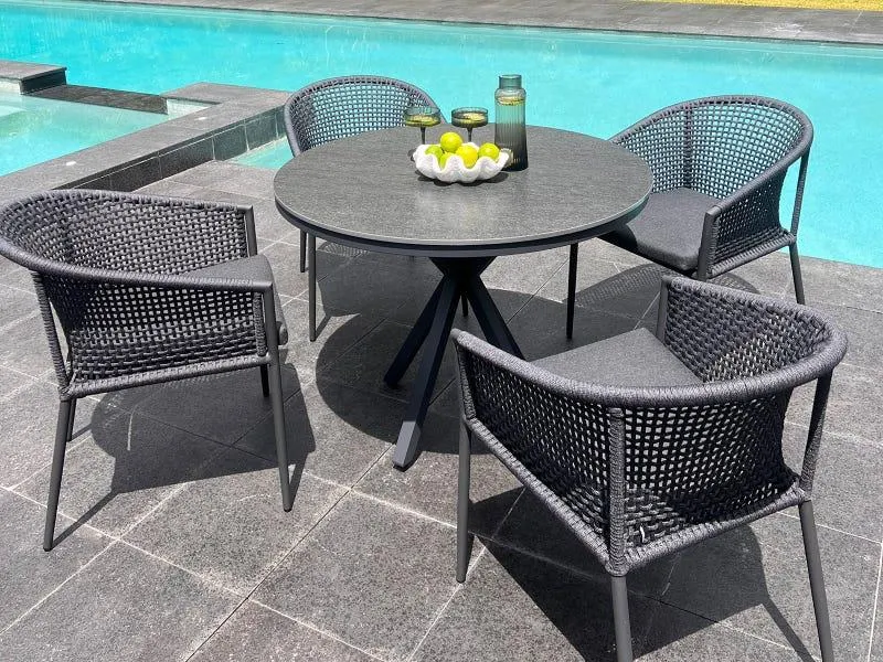 Adele Round Ceramic Table with Safara Chairs 5pc Outdoor Dining Setting