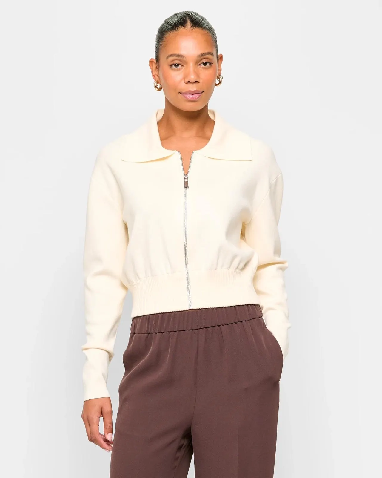 Long Sleeve Knit Zipped Bomber Jacket - Preview - Cream