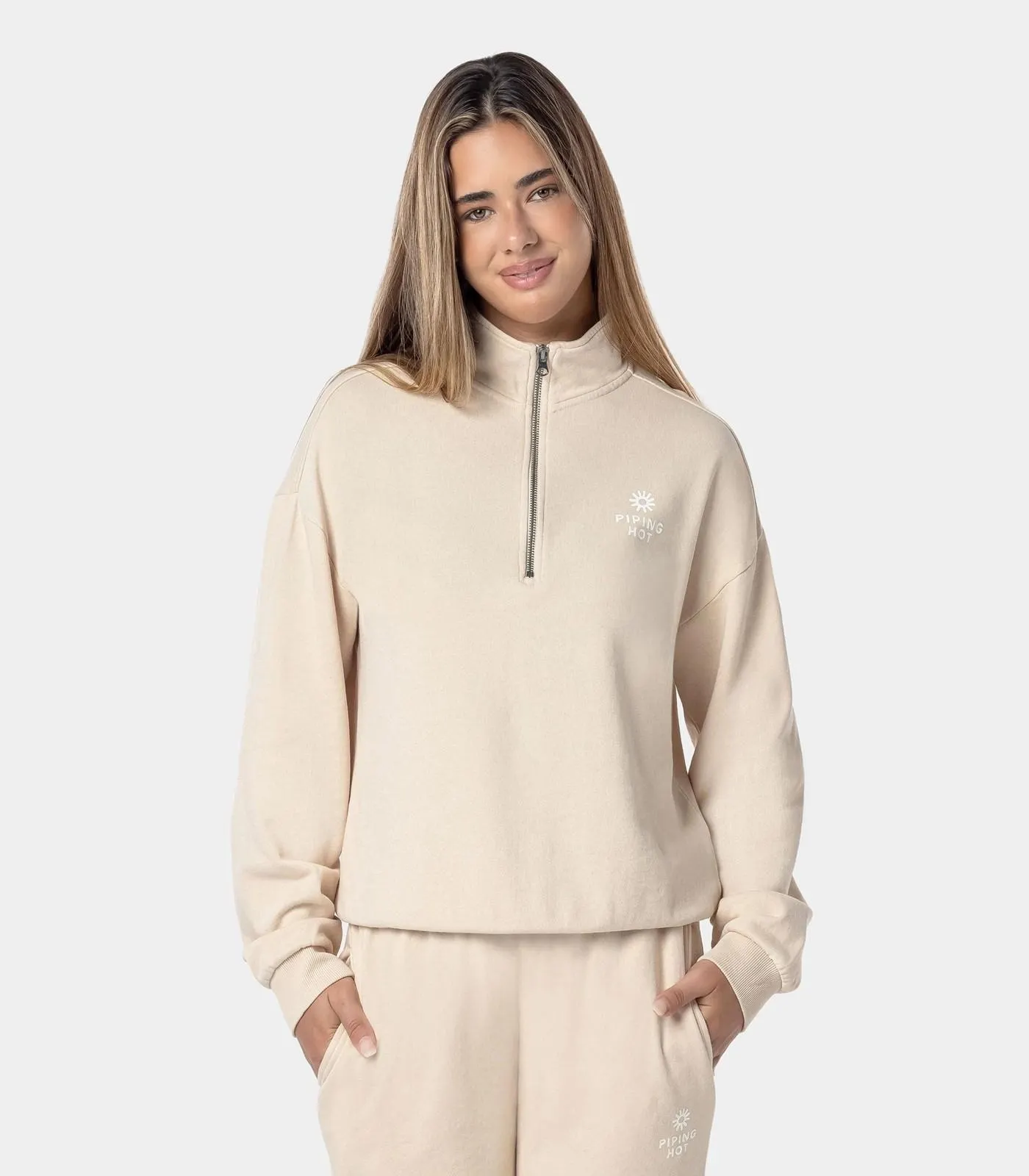 Piping Hot 1/4 Zip Pullover Sweatshirt - Neutral