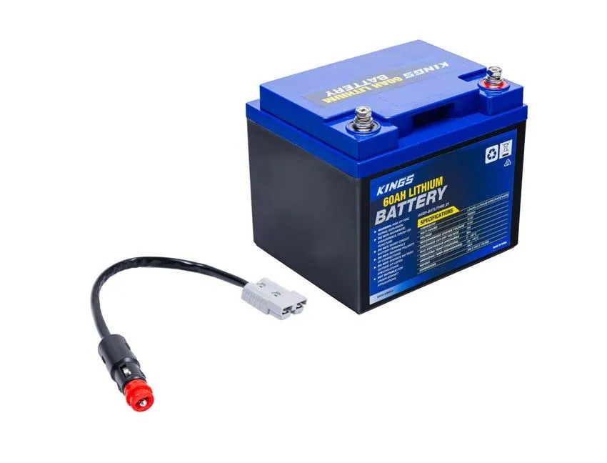Kings 12V 60Ah Deep Cycle Lithium LiFePO4 Battery + Quick-Connect to Cigarette Plug Adapter