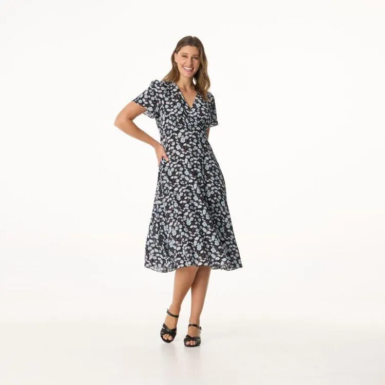 Khoko Smart Women's Crinkle Flutter Empire Midi Pansy Dress Pale Blue