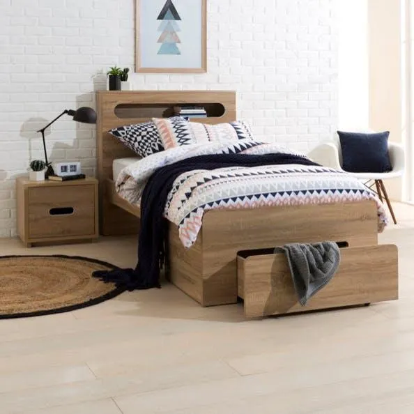 Kendall Bookend Bed Frame W/End Drawer, Vintage Oak