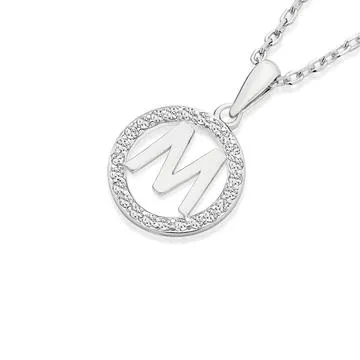 Silver Initial M in CZ Round Pendant