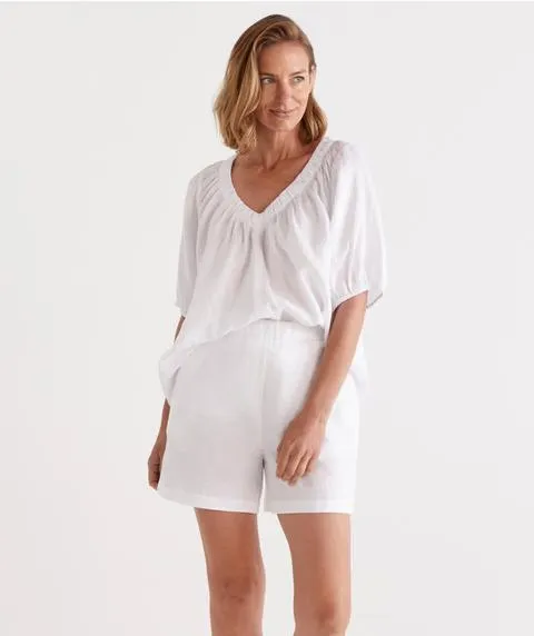 Linen Ruched V Neck Top