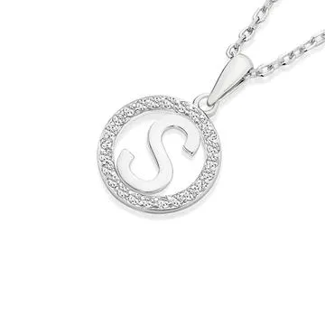 Silver Initial S in CZ Round Pendant