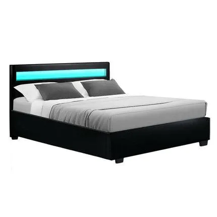 Cole LED Bed Frame PU Leather Gas Lift Storage - Black Double