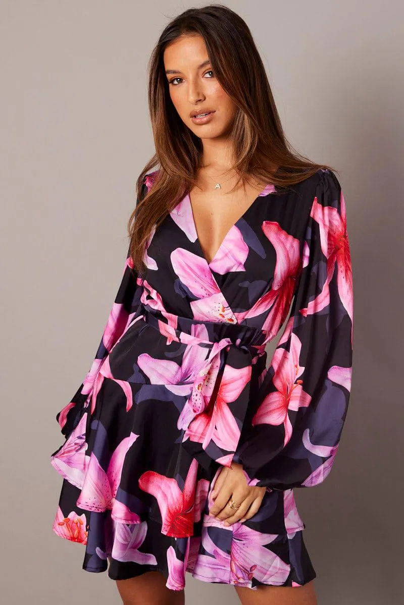 Black Floral Wrap Dress Balloon Sleeve Floaty Skater Dress