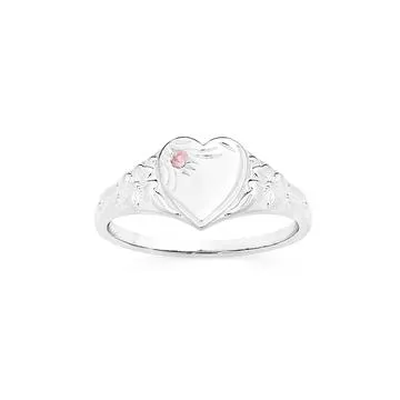 Silver Pink CZ Heart Fancy Signet Ring Size G