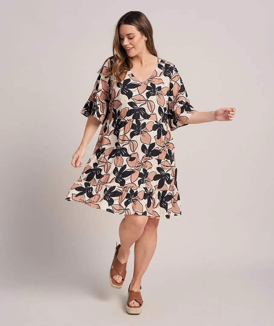 Linen Print Tiered Dress