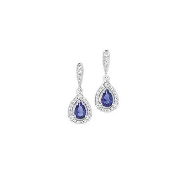 Silver Created Sapphire & CZ Cluster Drop Earrings