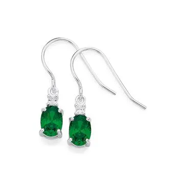 Sterling Silver Green Cubic Zirconia Oval Drop Earrings