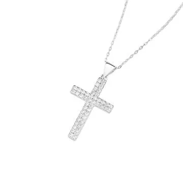 Silver 25mm Pave CZ Square End Cross Pendant